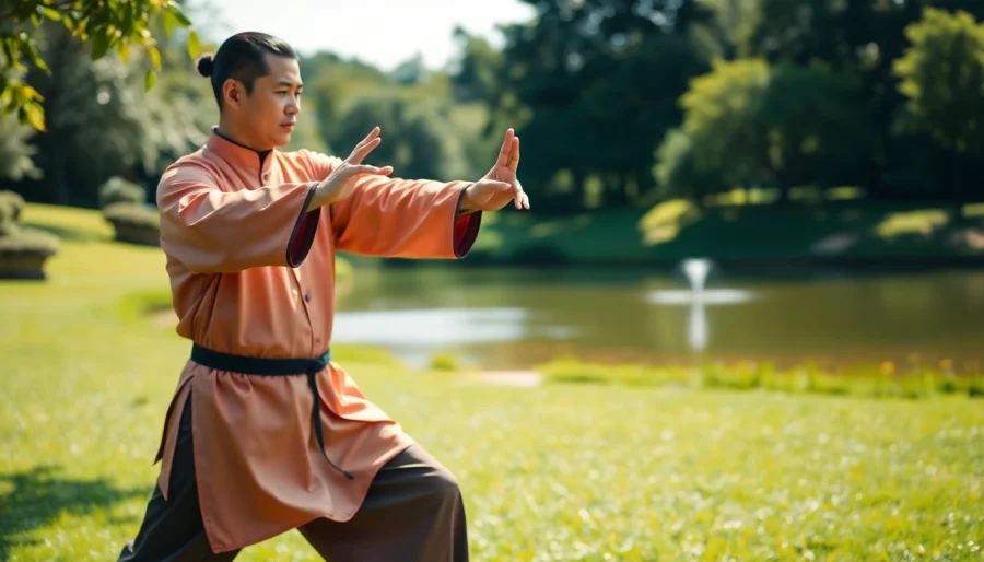 Tai Chi Classes Online showing a Tai Chi instructor gracefully demonstrating poses outdoors in a tranquil park.