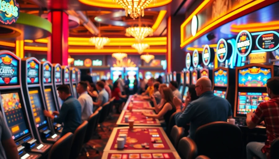 Menampilkan suasana meriah di Brovegas Casino dengan pemain menikmati waktu bermain.
