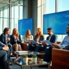 Investment strategists at Claymore Partners discussing strategies in a modern office.