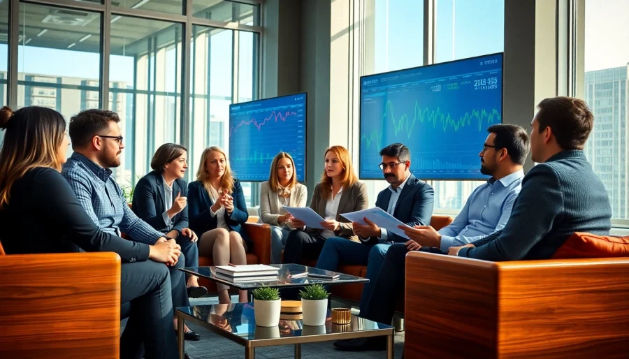 Investment strategists at Claymore Partners discussing strategies in a modern office.