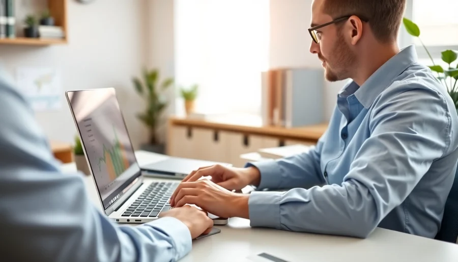Utilizing a debt repayment tool on a laptop in a professional office environment.