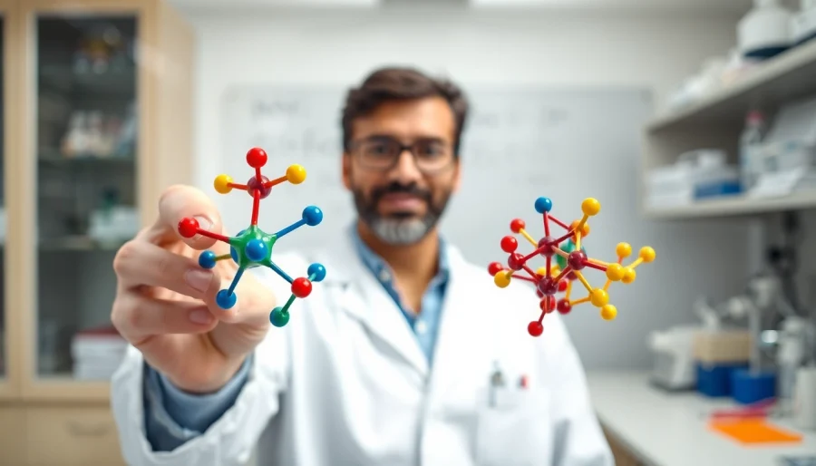 A scientist explores amino acids using colorful molecular models in a bright laboratory setting.
