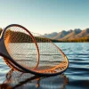 A fly fishing net elegantly displayed by a serene lake, showcasing its craftsmanship and beauty.