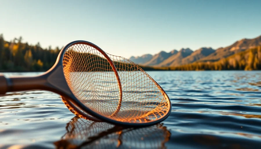 A fly fishing net elegantly displayed by a serene lake, showcasing its craftsmanship and beauty.