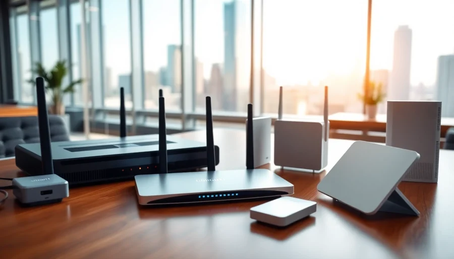Ubiquiti networking equipment displayed in a modern office, showcasing advanced technology.