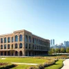 Visualisierung Architektur in 3D: modernes Gebäude mit Landschaftsgestaltung und Stadthorizont