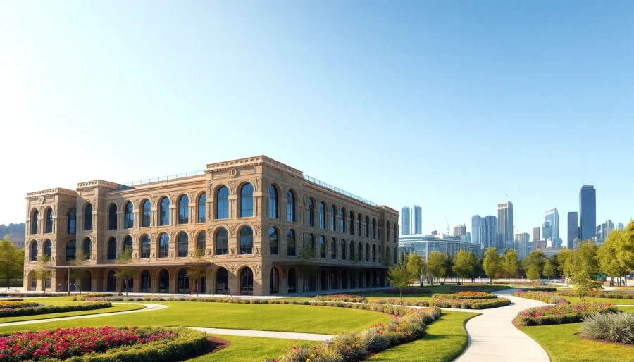 Visualisierung Architektur in 3D: modernes Gebäude mit Landschaftsgestaltung und Stadthorizont