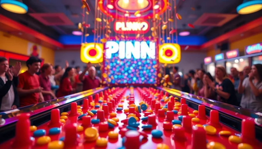 Plinko board dengan banyak chip yang jatuh ke bawah, menunjukkan kesenangan permainan.