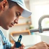 Plumber Sydney fixing a leaky faucet in a bright kitchen setting