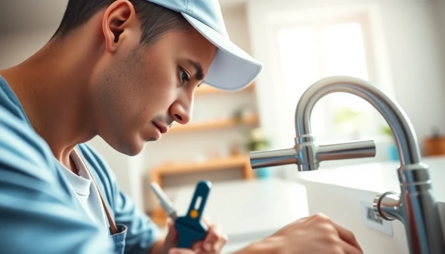 Plumber Sydney fixing a leaky faucet in a bright kitchen setting