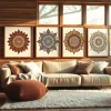 Showcase of vibrant printable boho art in a cozy living room with earthy tones.