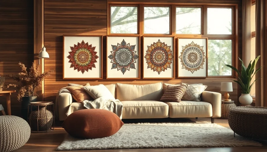 Showcase of vibrant printable boho art in a cozy living room with earthy tones.
