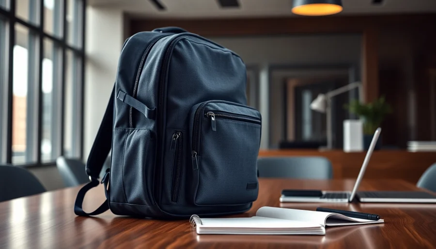 Business Rucksack präsentiert in einem modernen Büro mit elegantem Design und funktionellen Merkmalen.