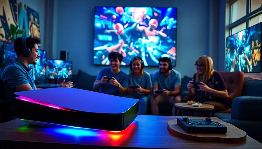 Experience the excitement of PS5 games with group gameplay in a vibrant gaming room setting.