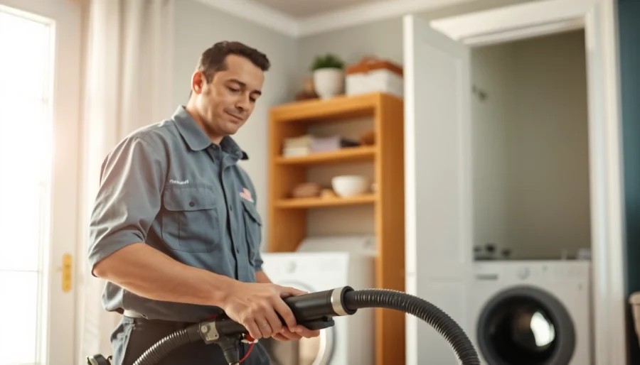 Technician cleaning dryer vents near me in a comfortable home environment to ensure safety.