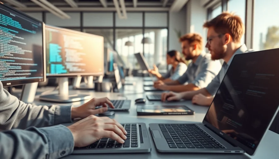 Showcase of professionals using the Best AI coding tools in a vibrant tech office