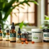 Showcasing an arrangement of cbd organics products in a serene, natural setting.
