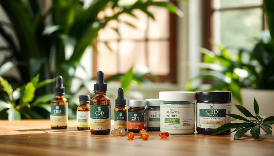 Showcasing an arrangement of cbd organics products in a serene, natural setting.