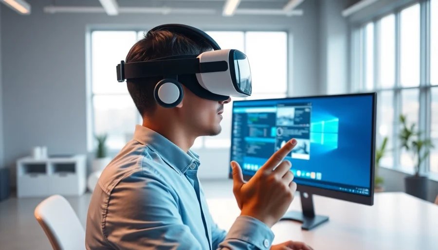 Engaged user interacting with a virtual desktop in a modern workspace.