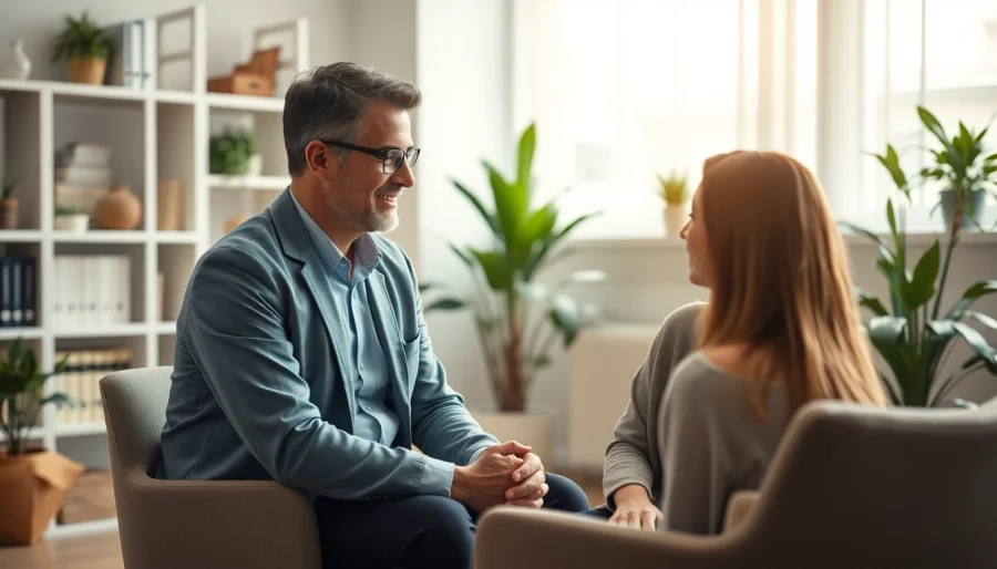 Psychologist engaging with a client in a comfortable counseling setting, promoting mental health.