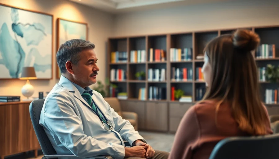 Psychiatrist attentively consulting with a patient in a calming office environment.