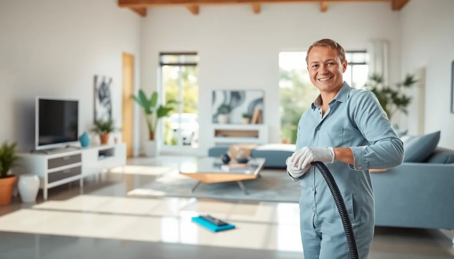 Bond cleaning professional ensuring flawless surfaces in a bright living room setting.