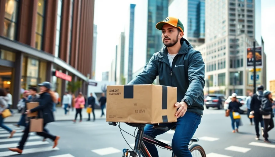 Delivering a same day courier package in a bustling city environment.