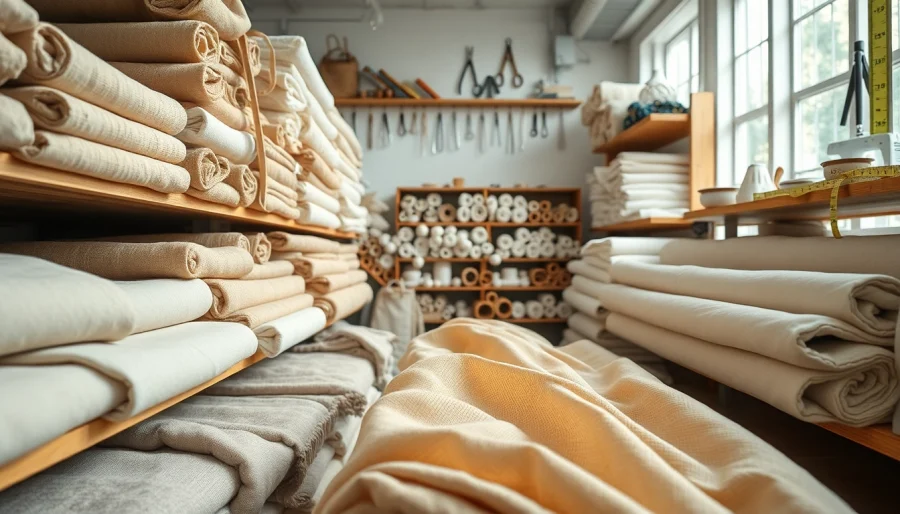 Bekijk ongebleekt katoen in diverse texturen en kleuren in een stoffenwinkel.