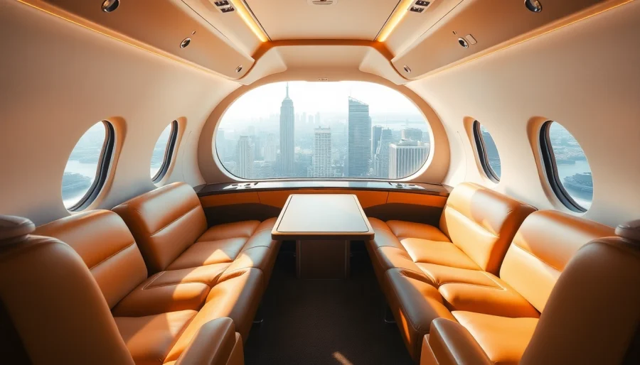 Experience unmatched luxury with Private Jet Charter NYC seating and stunning skyline view.