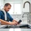 Expert plumber wake forest performing a repair in a beautifully lit kitchen.