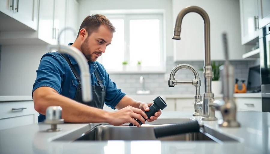 Expert plumber wake forest performing a repair in a beautifully lit kitchen.