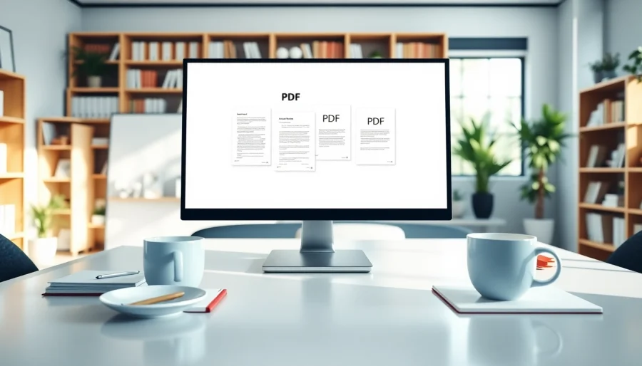 Join PDF files on a professional workspace with documents and coffee, showcasing productivity.