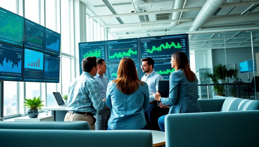 Engaging discussion among experts at a search optimization company in a modern office.