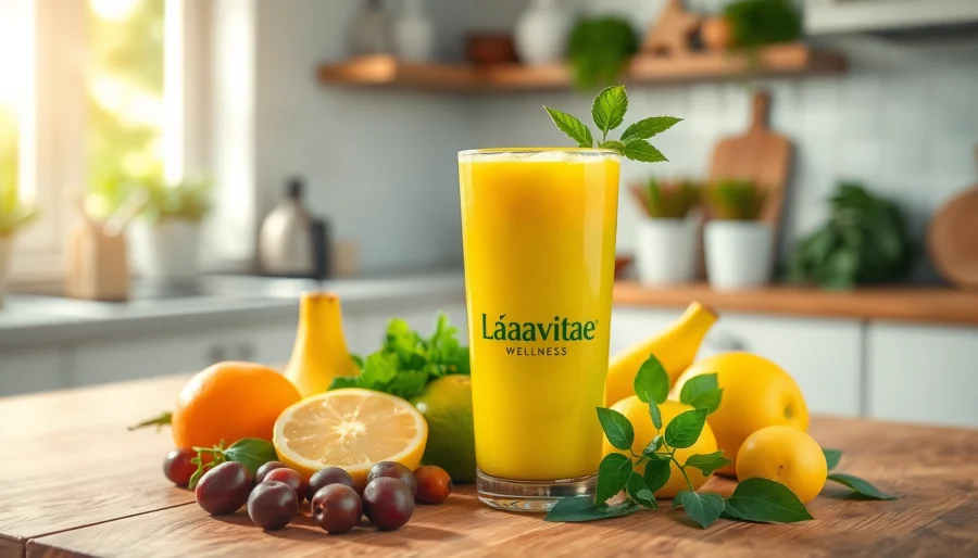 Lavavitae w szklance na drewnianym stole, otoczony świeżymi owocami i ziołami.
