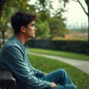 Reflecting on emotions during a relationship breakup in a serene park setting.