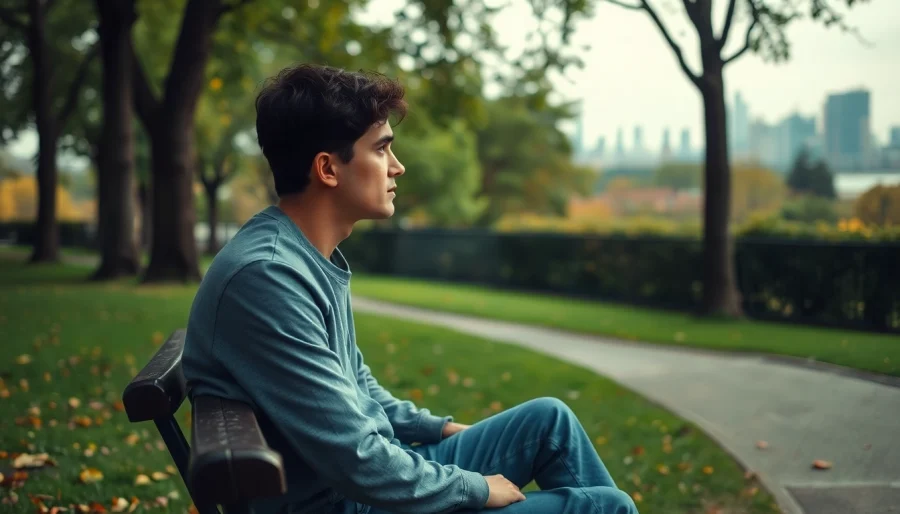 Reflecting on emotions during a relationship breakup in a serene park setting.