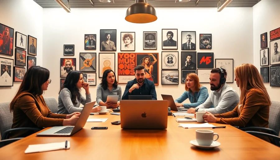Showcasing a dynamic team of music PR companies strategizing in a modern office.