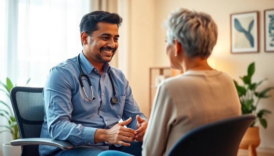 Psychiatrist attentively engaging with a patient in a calming office environment.