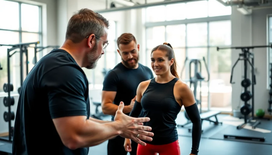 Dynamic personal trainer tonbridge guiding a client through an exercise in an energizing gym environment.