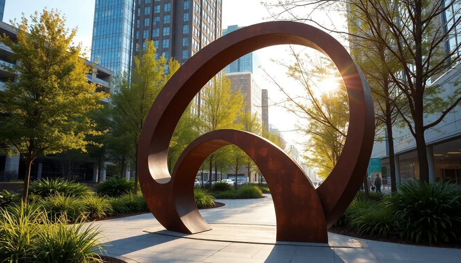 Meticulously crafted acier corten sculpture amidst lush greenery highlighting its unique texture.