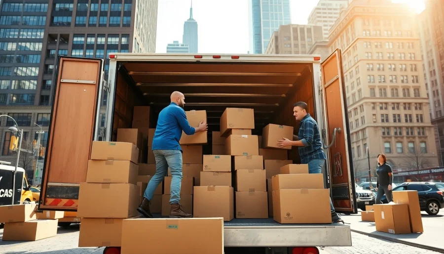 NYC movers expertly handling boxes during a move, showcasing urban energy and professionalism.
