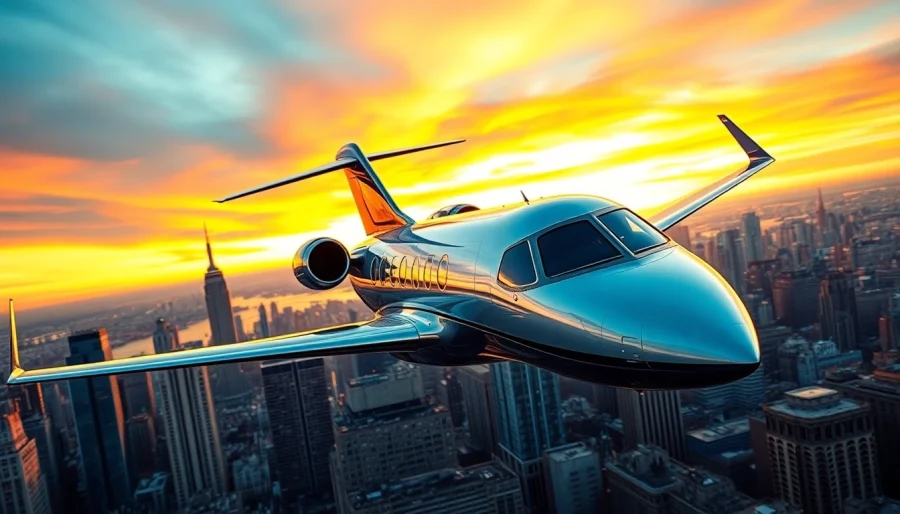 Experience Private Jet Charter NYC with a luxury jet soaring above a vibrant New York City skyline.