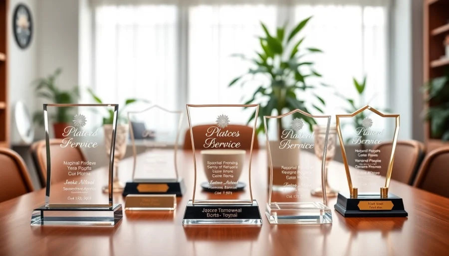 Showcase of diverse service awards emphasizing quality craftsmanship and employee recognition.