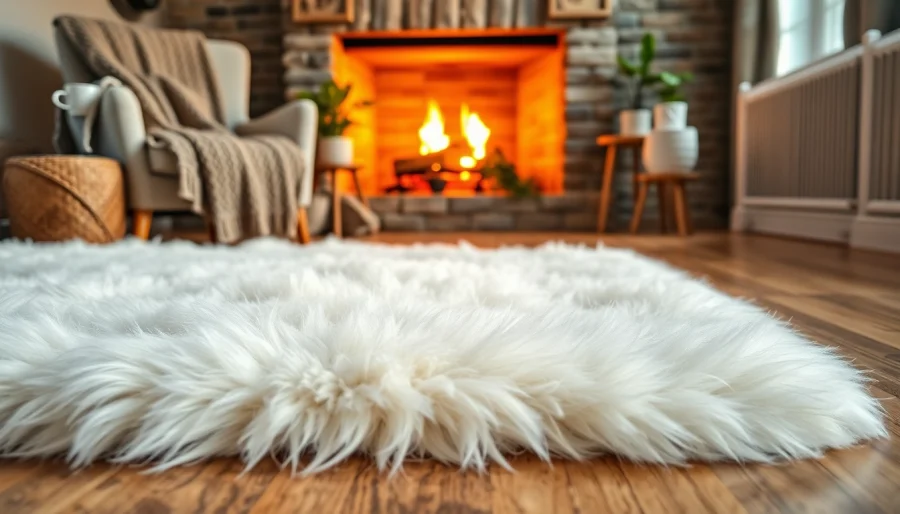 Cozy living room showcasing a luxurious sheepskin rug on hardwood floor with warm lighting.