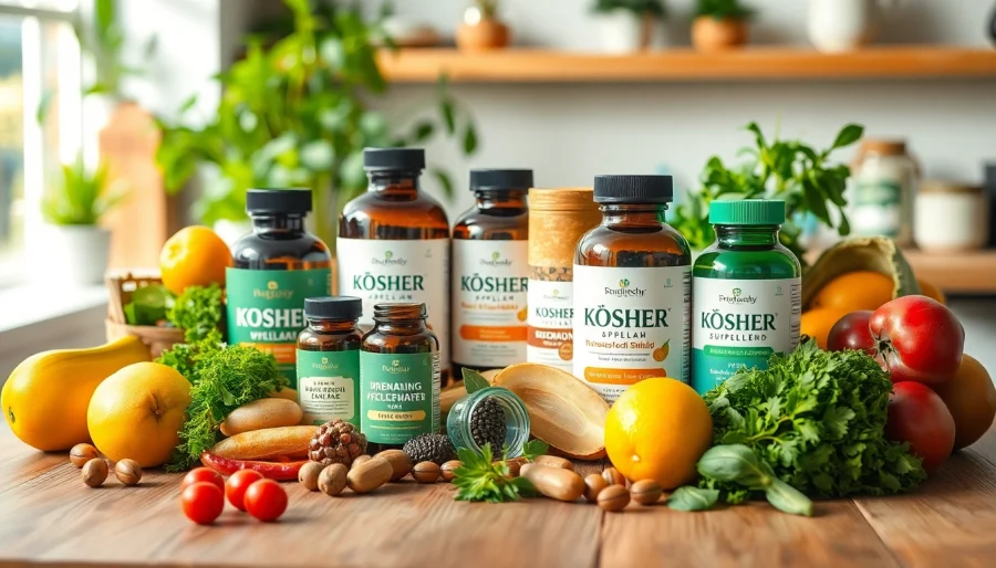 Buy kosher supplements displayed with fresh ingredients to promote healthy living.