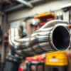 Highlighting a sleek downpipe in a mechanic's workshop, showcasing its polished stainless-steel design.