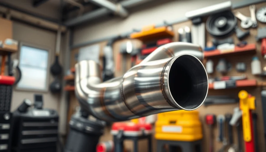 Highlighting a sleek downpipe in a mechanic's workshop, showcasing its polished stainless-steel design.
