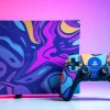 Explore unique ps5 skins showcasing bold designs on a vibrant PlayStation console and controller.