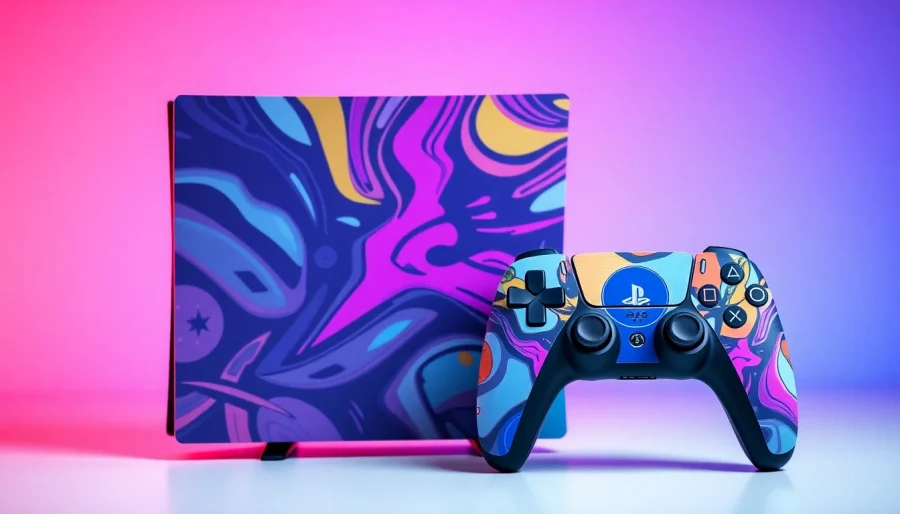 Explore unique ps5 skins showcasing bold designs on a vibrant PlayStation console and controller.
