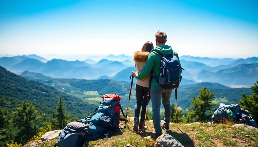 Enjoy a travel trip with a couple embracing at a mountain peak, surrounded by nature.